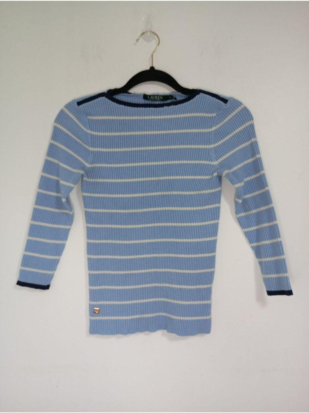 Lauren Ralph Lauren Blue White Striped Ribbed Knit Sweater Women M Cotton Blend